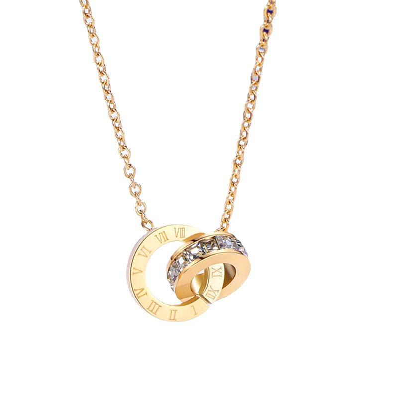 Titanium Steel Roman Numerals Double Ring Pendant Choker Necklace with Rhinestones for Women Fashion Jewelry