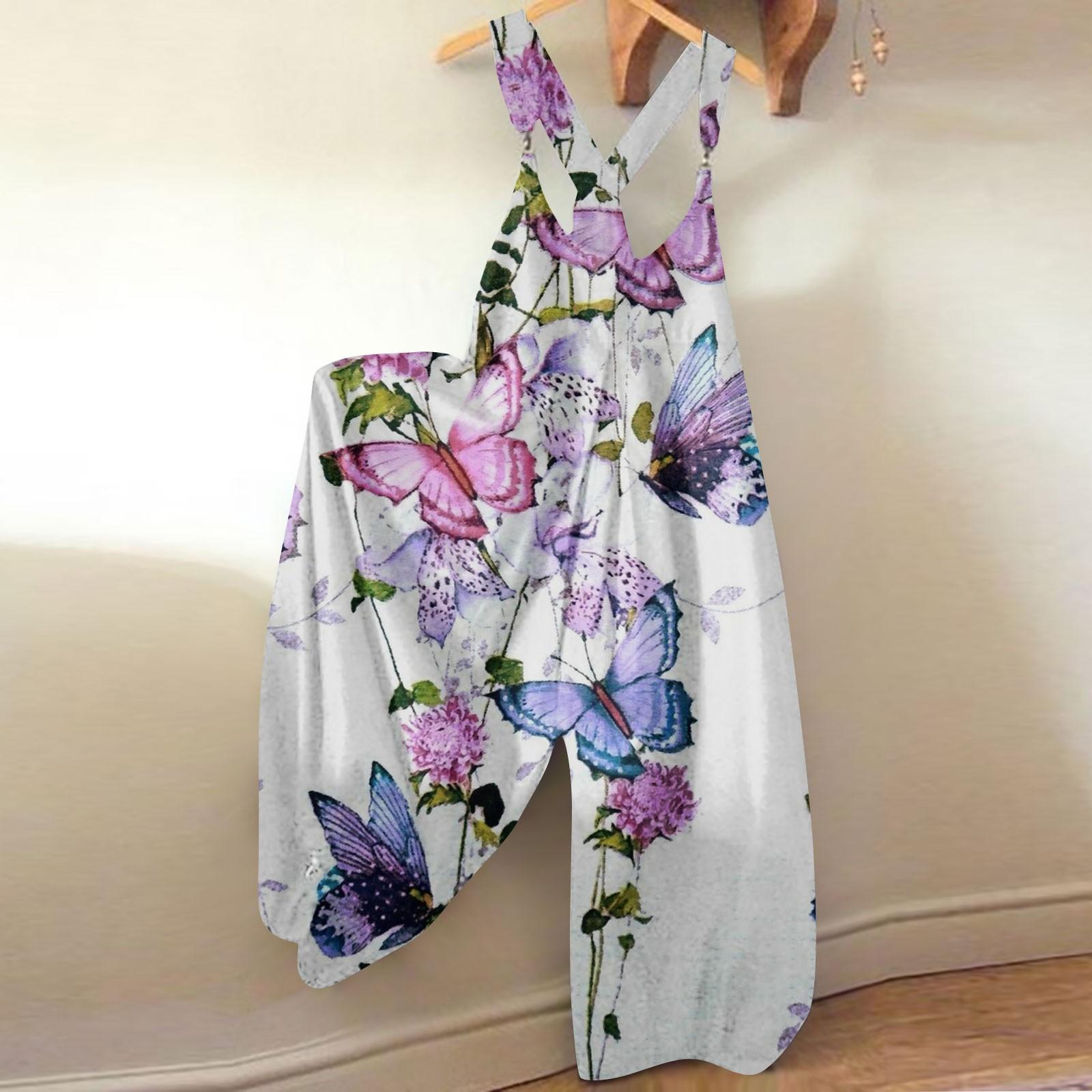 Women s Fashion Summer Sweet Loose Casual Print Retro Strappy Jumpsuit S