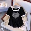 Letter Printing Contrasting Color Splicing Square Neck Short-sleeved T-shirt Summer Fat and Thin Loose Top