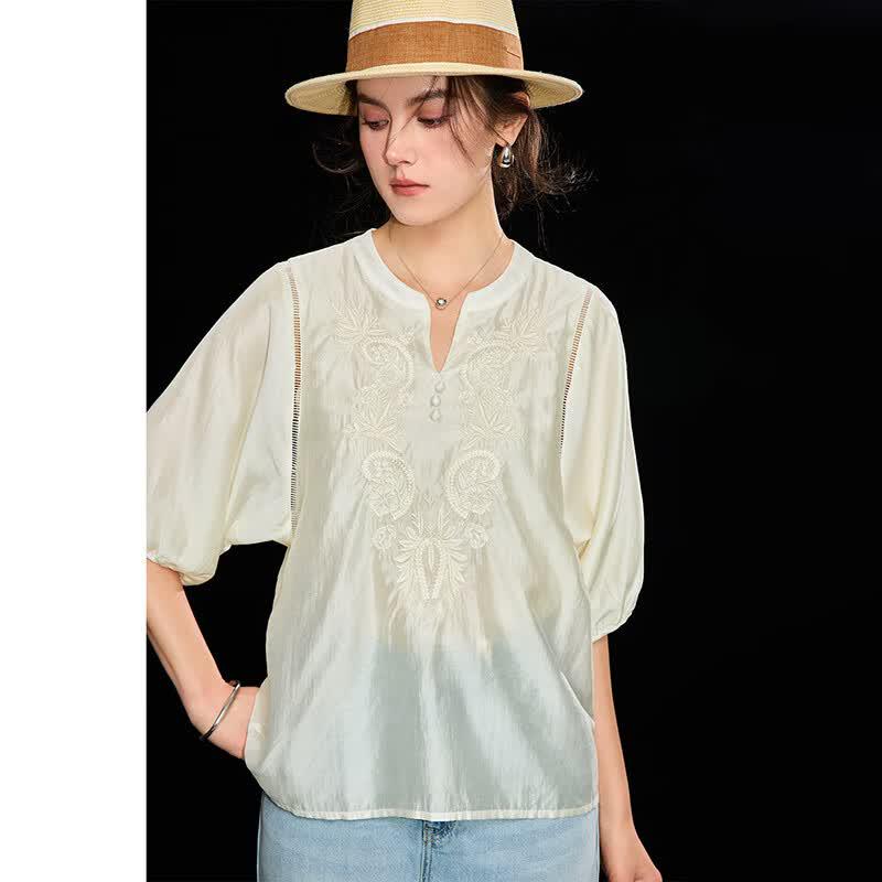 Women's Tencel Embroidered Hollow-Out Blouse