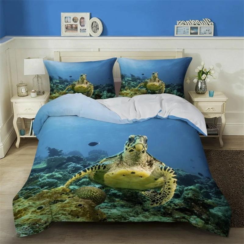 3D Sea Turtle Beddings Set Ocean Duvet Cover Set Teal Mediterranean Style Duvet Cover Queen King Twin Size Bedroom Decoration