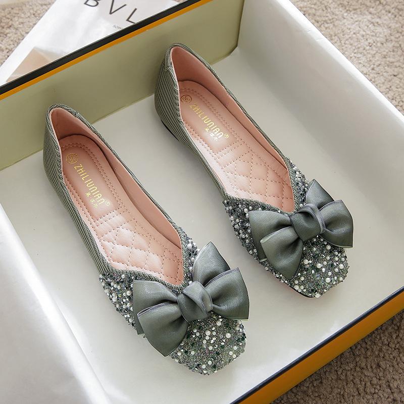 New Pearl Rhinestone Square Head Single Shoes Soft Sole Casual Flat Bottom Large Size