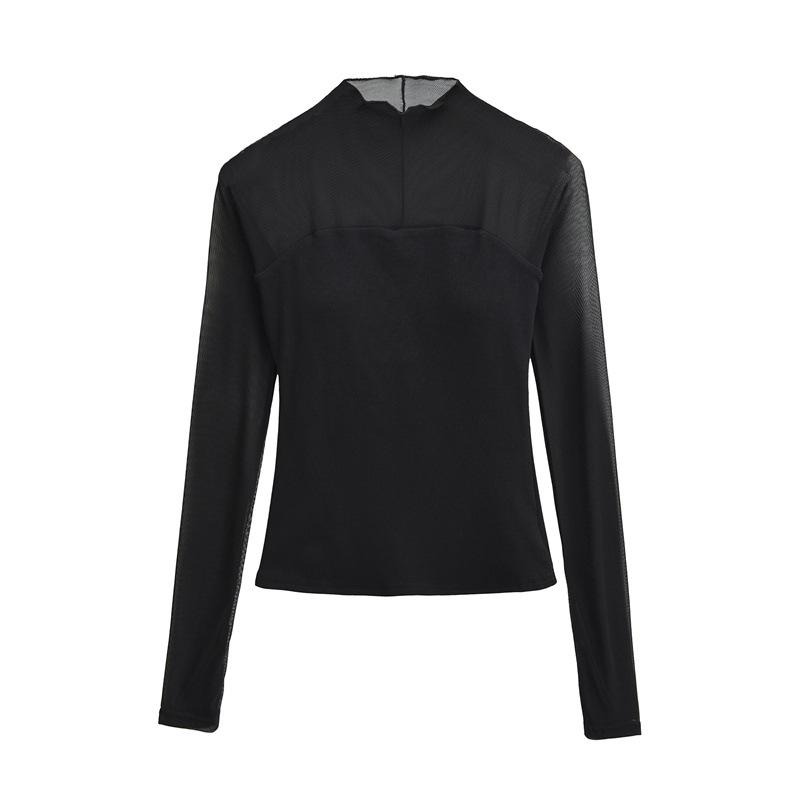 Women's Chic Sheer Mesh Spliced Long Sleeve T-shirt: Elegant Slim-fit, Sexy Base Layer Top