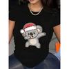 European Size Womens Koala Graphic Print T Shirt Black Santa Hat Design Soft Polyester Lightweight Crew Neck Short Sleeve Regular Fit Fun Casual