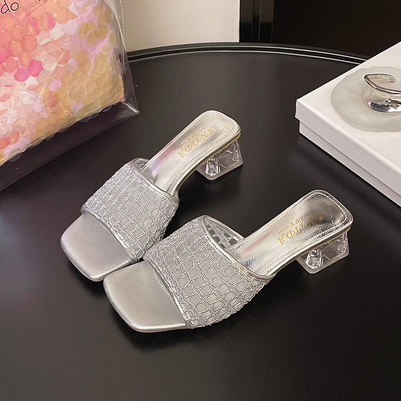 

Hollow woven mesh one-word slippers women s summer wear new thick heel crystal high heels cool slippers 35