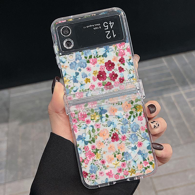 3PCS Foldable Shockproof Case for Samsung Z Flip6 Flip5 Flip4 for Magsafe Magnetic Beautiful Flower Pattern Clear Hard Pc Slim Case Cover