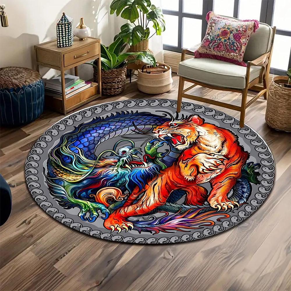 Tiger and Dragon Yin-Yang Battle Print round rug, living room, bedroom, playroom carpet, non slip floor mat, gift
