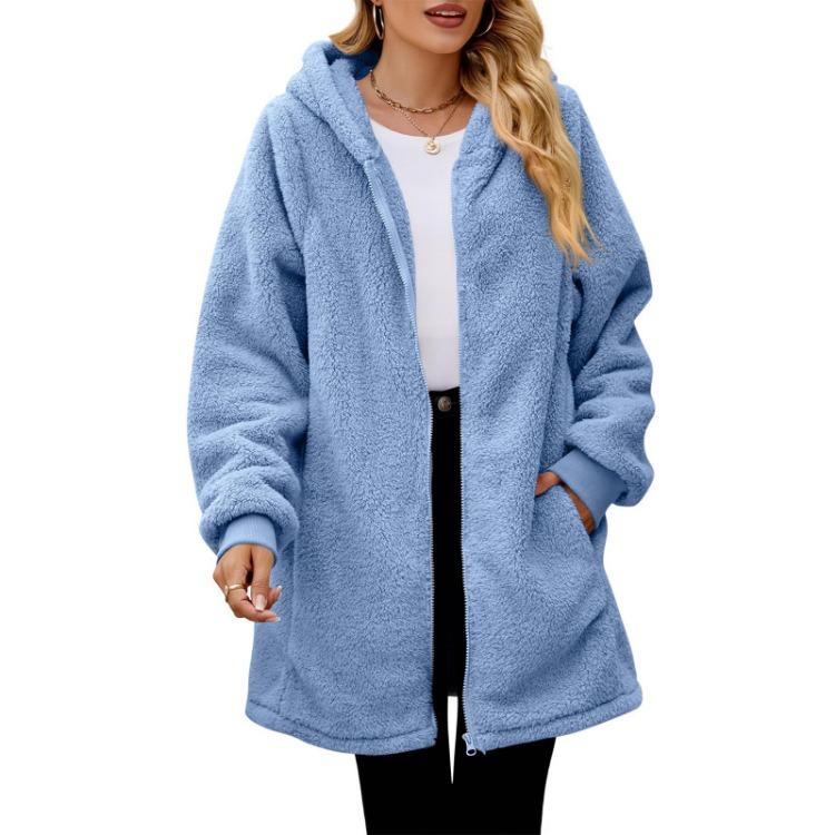 Giacca Peluche alla Moda Donna Larga con Cappuccio Zip Cappotto Colore Solido Manica Lunga Tasca