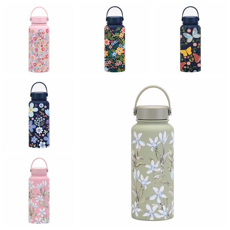 1L Outdoor Insulated Mug Creative Floral Insulated Bottle Drinkware Thermal Water Bottle  Household