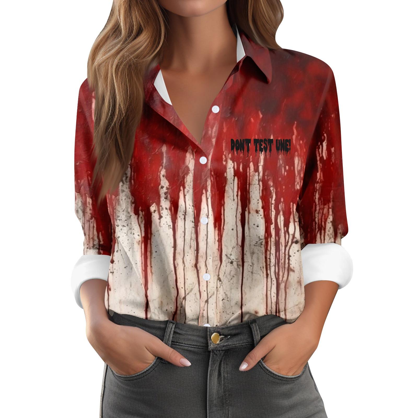 

Женская повседневная рубашка с длинным рукавом на пуговицах с принтом на Хэллоуин XXL винный