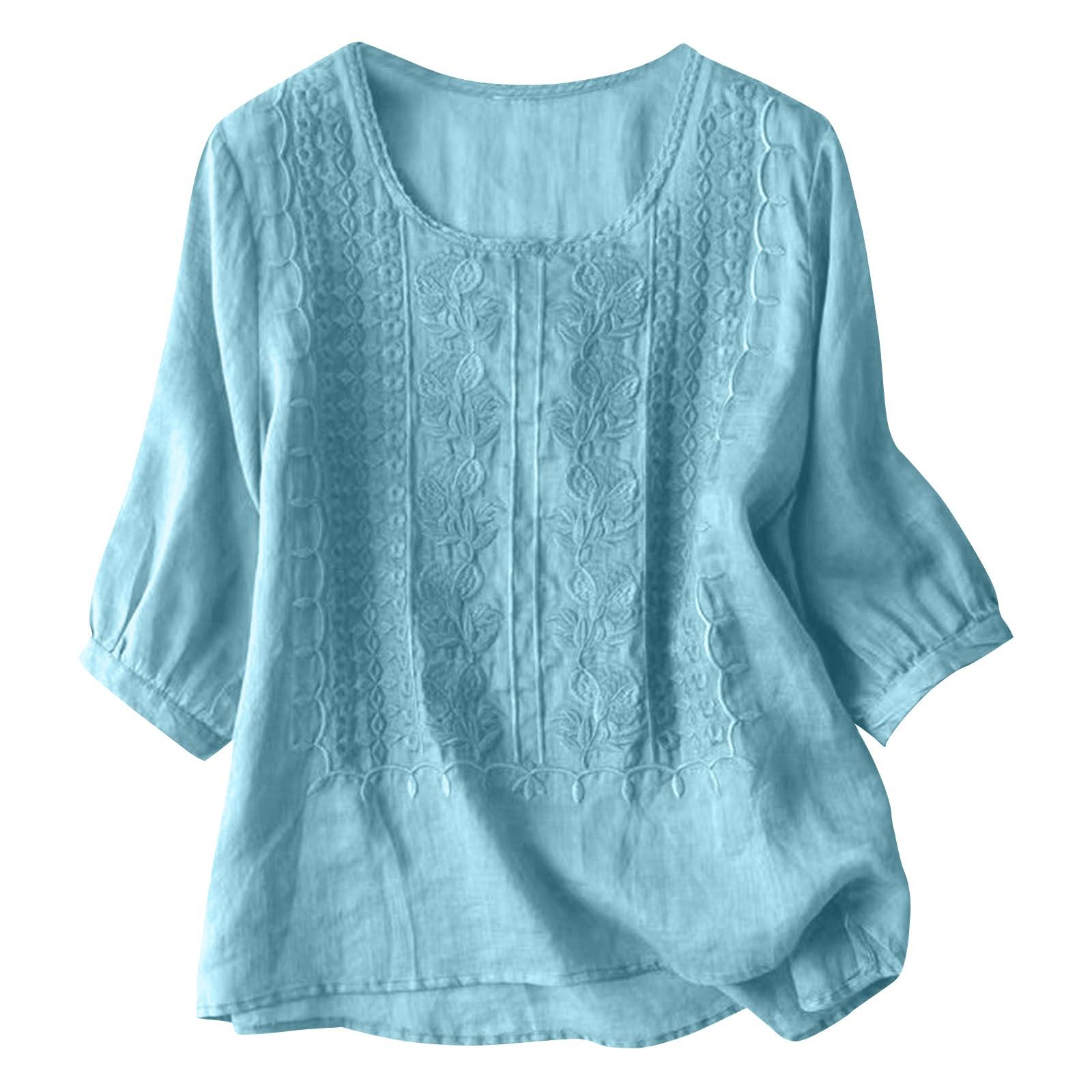 

Женская однотонная хлопковая и льняная футболка с короткими рукавами и вышивкой в стиле ретро, дышащая, с круглым вырезом L синий