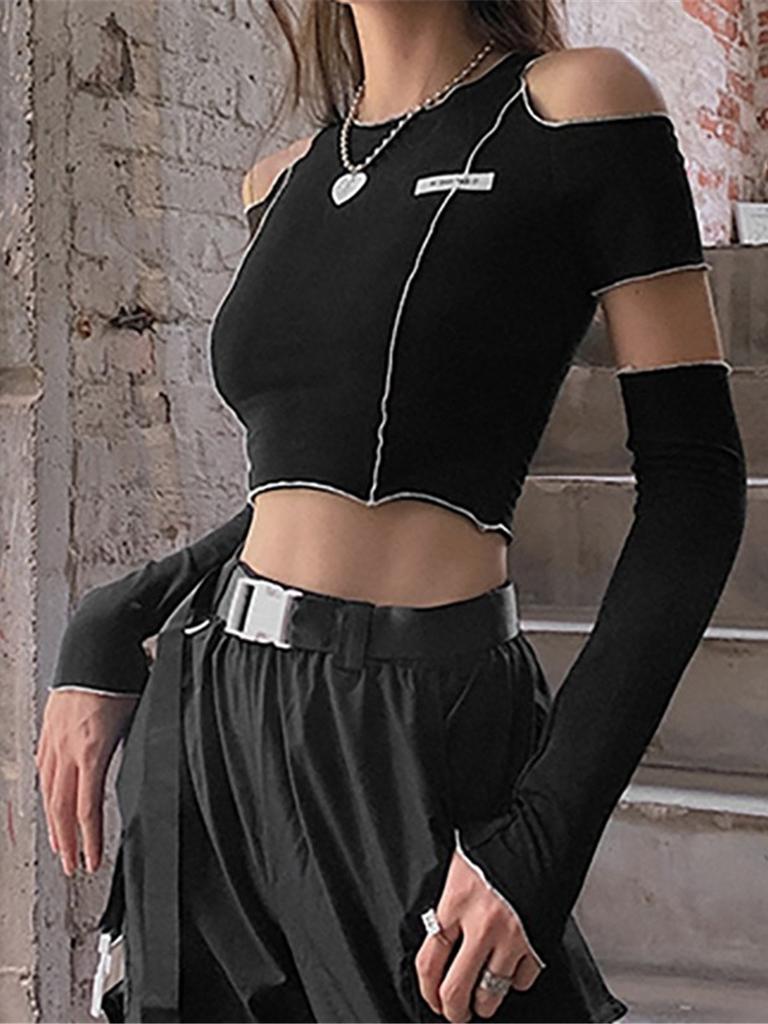 Schwarzes kurzes T-Shirt für Damen Streetstyle Hot Girl Off-Shoulder Rundhals-Top Slim Fit Y2k Kleidung Frühling Sommer