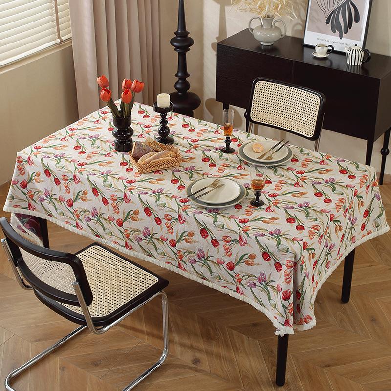 Vintage Floral Tablecloth American Oil Painting Style Thick Cotton Linen Jacquard for Tea Table
