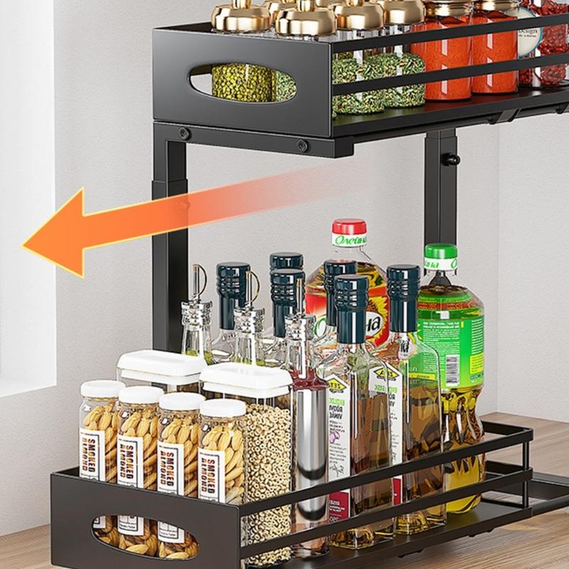 Metallic Beneath Cabinet Pull Out Holder 2 Level Adaptable Shelf For Kitchen Sink Storage Practical Solution