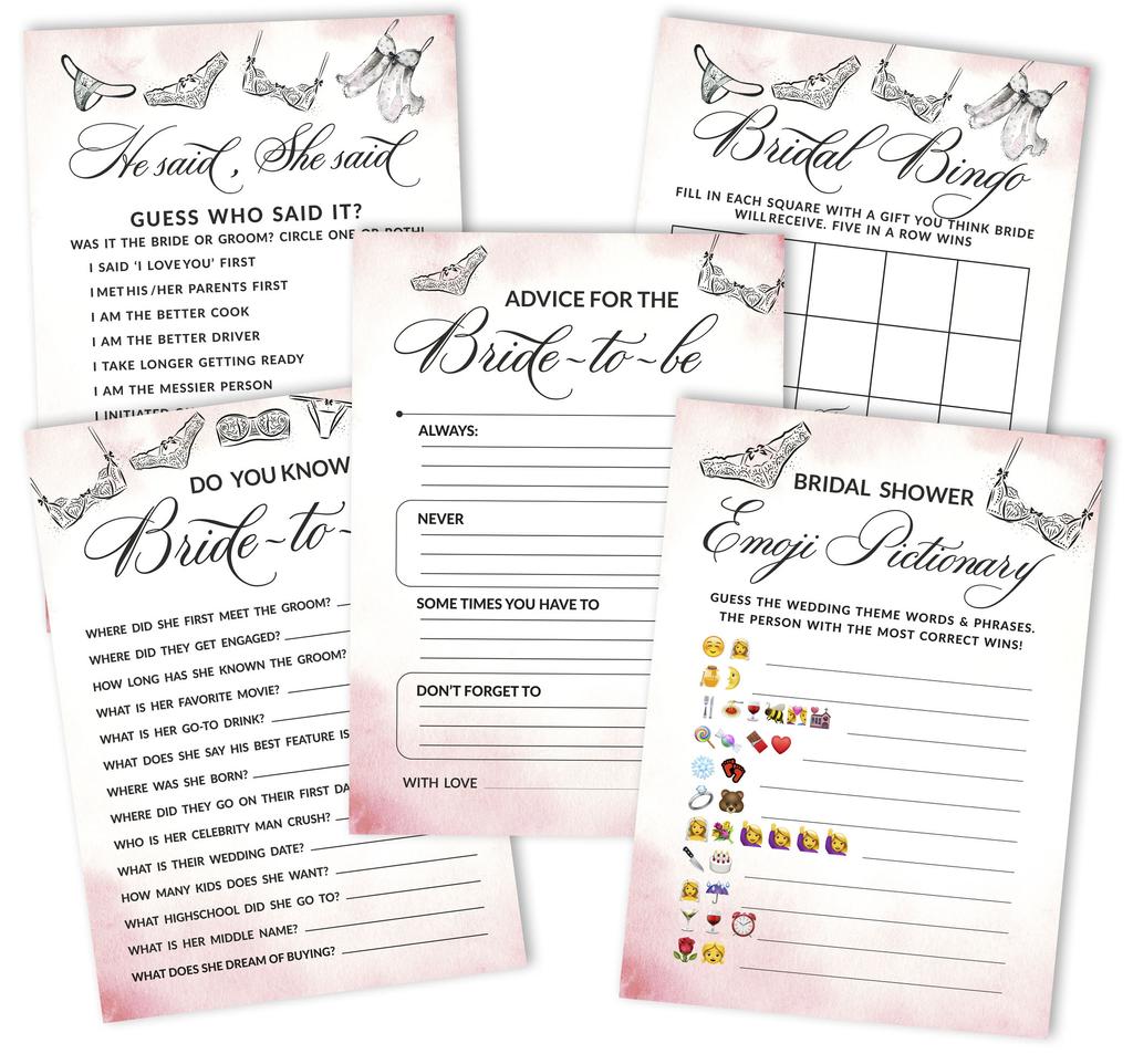 Inkdotpot Bridal Shower Games Set of 5 (Activities for 50 Guests) Lingerie Shower Theme Fun Bachelorette Party Games Set Bundle