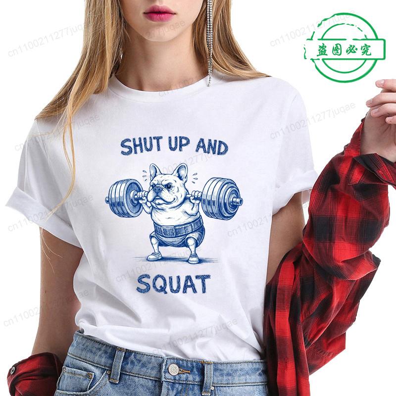 Summer Fashion Women's T-shirt Casual Funny French Bulldog Weightlifting Print T-Shirts O-neck Tops Short Sleeve Shirts Clothing