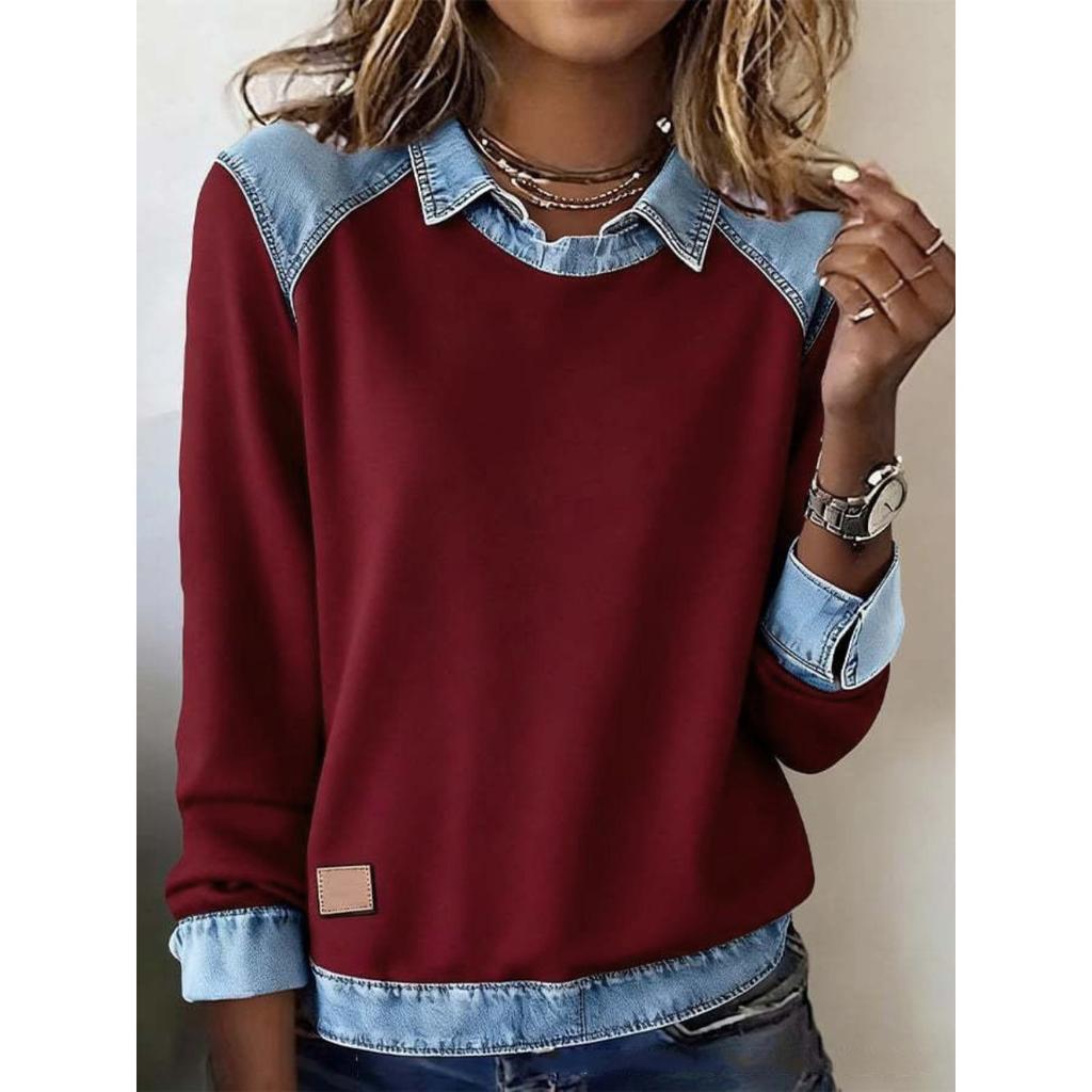 European American Women's Denim Collar Long Sleeve Pullover Spliced Knit Top, Fashion Casual Knitwear for Women