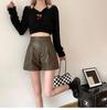 Kaffeefarbene PU-Leder High-Waist A-Linien-Shorts für Damen - Herbst/Winter Lässig Lockerer Schnitt, Hot Girl Stil, Bootcut-Hosen, Maillard-inspiriert.