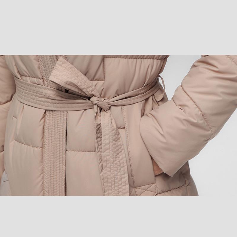 Vinter Dam Lång Dunbomullsjacka med Bälte Tjock Varm Lyxig Slim Huva Parka Kappa