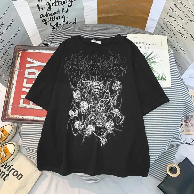 T Shirt Skull Print Gothic Streetwear Summer Loose Men Women T-shirt Punk Dark Grunge Top Harajuku Y2k Clothing