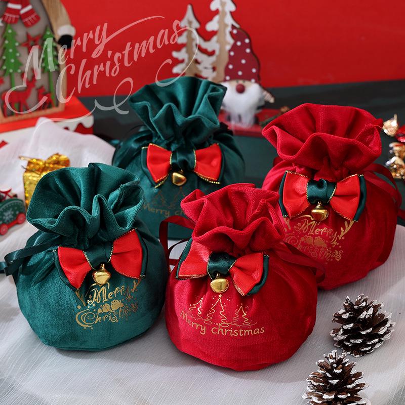 Cross-border Christmas Flannel Apple Drawstring Gift Bag with Bow - Cartoon Candy Bag for Kids