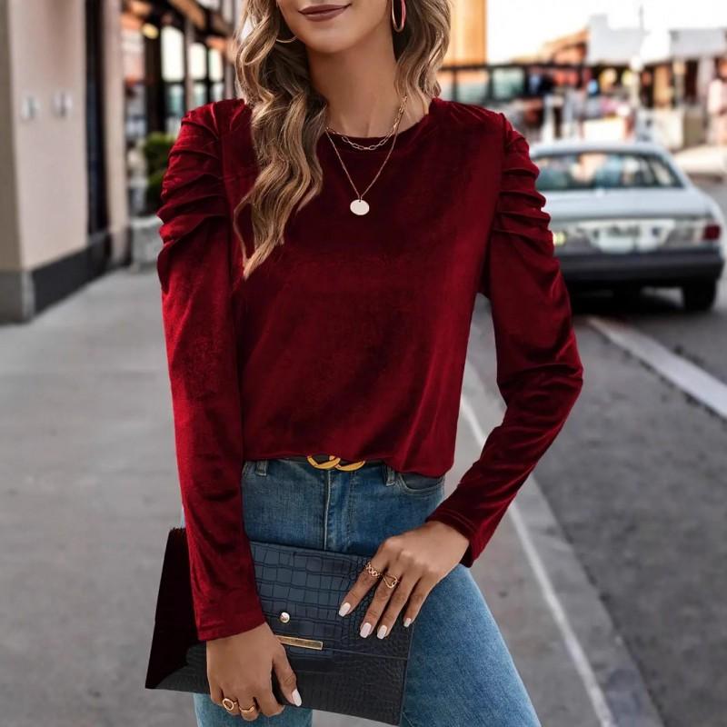 Womens Winter Stretch Velvet Casual Round Neck Fitted Puff Sleeve Long Top