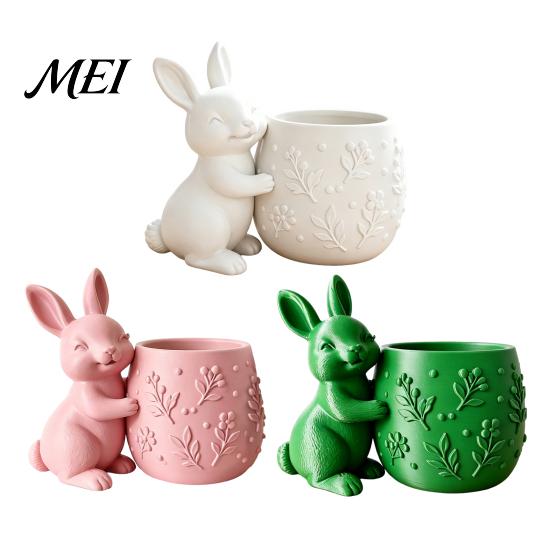 Mini Flowerpot 3D Printed Bunny Hugging Succulents Planter, Cute Rabbit Flower Pot with Embossed Desktop Ornament Planter Floral Body, Desk Decor for