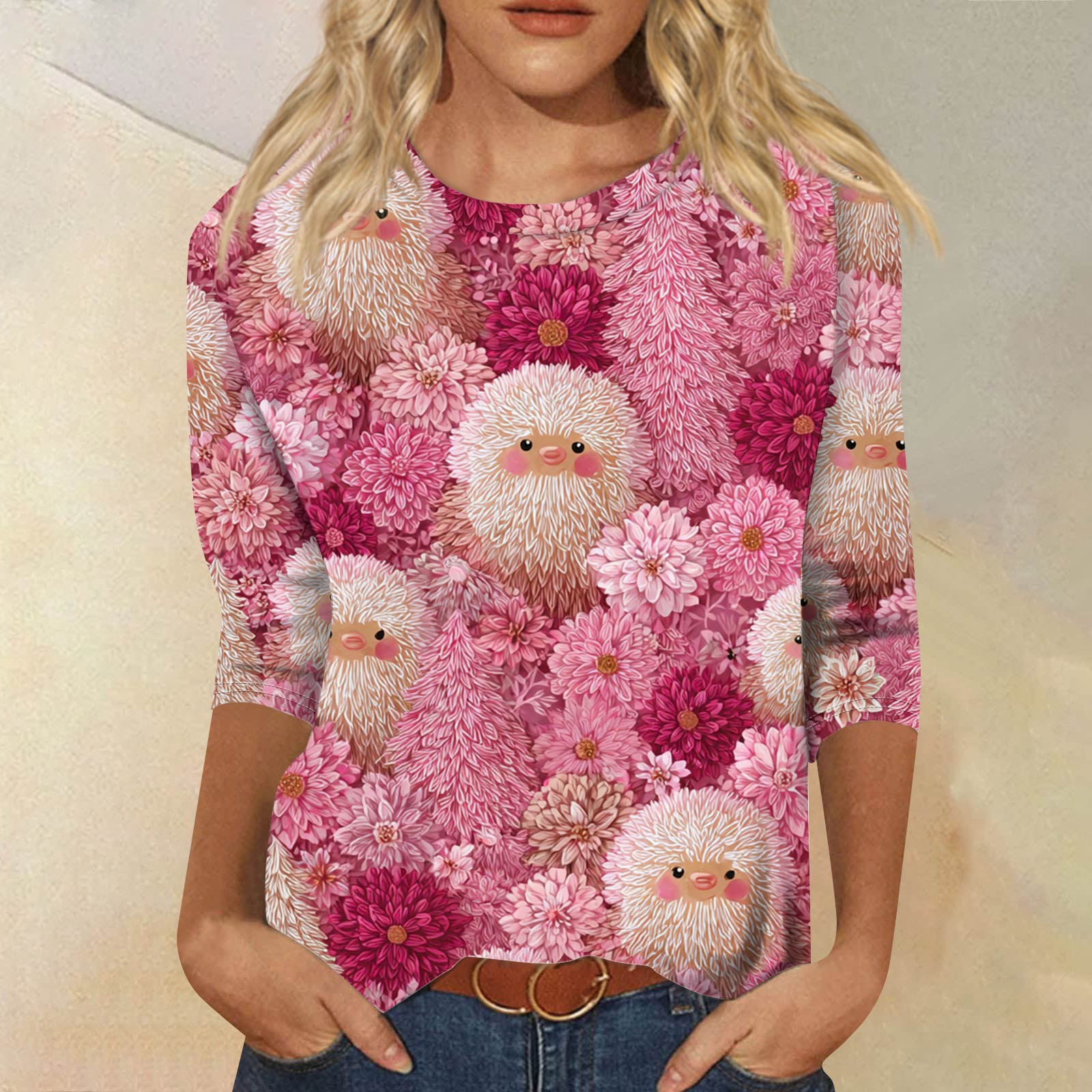 

Жіноча модна повсякденна вільна футболка з принтом і круглим вирізом з рукавом 3/4 XXXXXL