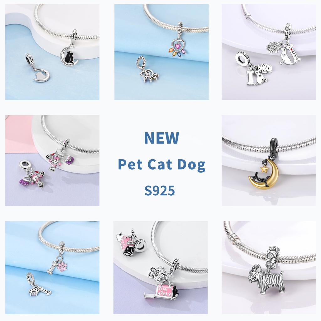 Copper Original Dog Cat Safety Chain Lazy Cat Pink Zircon Pet Paw Print Footprint Charms Fit Bracelet For Women Diy Jewelry