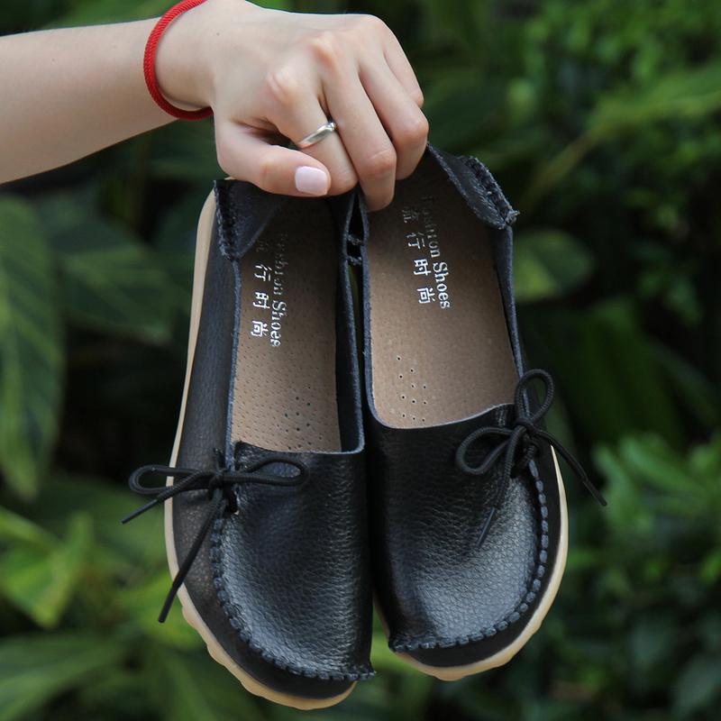 New Moccasins Women Flats  Autumn Woman Loafers Genuine Leather Female Shoes Slip On Ballet Bowtie Women'S Shoes Big Size