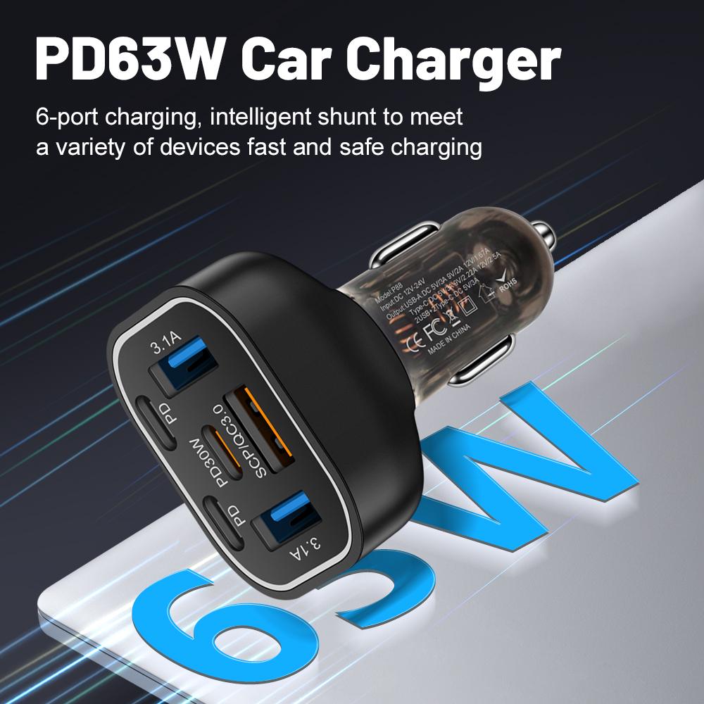 63W 6 In 1 PD Fast Charging Car Charger USB Quick Charge3.0 for IPhone 16 15 Samsung Xiaomi Type-C Car Phone Charger Adapter In Car