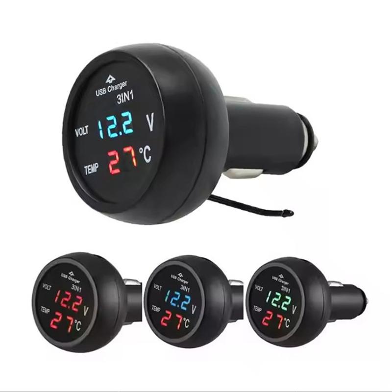 Autoladegerät 3in1 12/24V Voltmeter Thermometer USB-Ladegerät Schalter Auto LED Digitaler Monitor Display Strommesser Spannungsdetektor