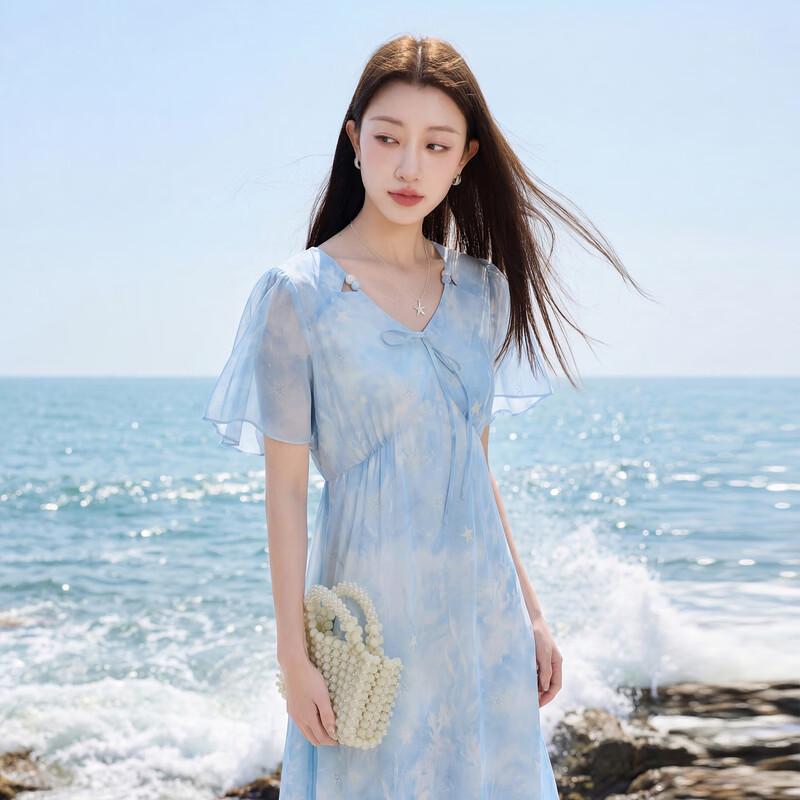 Sancai Plus Size 2026 Summer Chiffon Maxi Dress with Oceanic Print