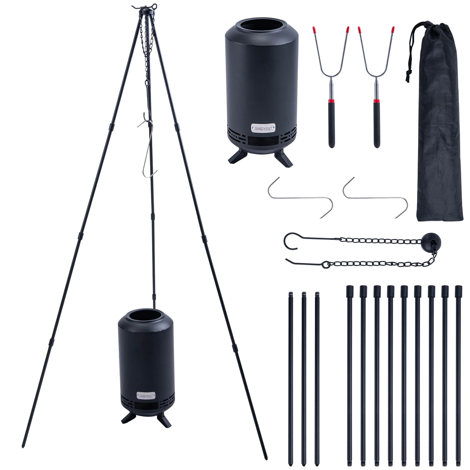 

CHANGE MOORE Tripod Campfire Stand - Highly Durable, Lightweight, 3-Stage Height Adjustment, Includes Small Fire Pit, Extendable BBQ Fork, and Storage