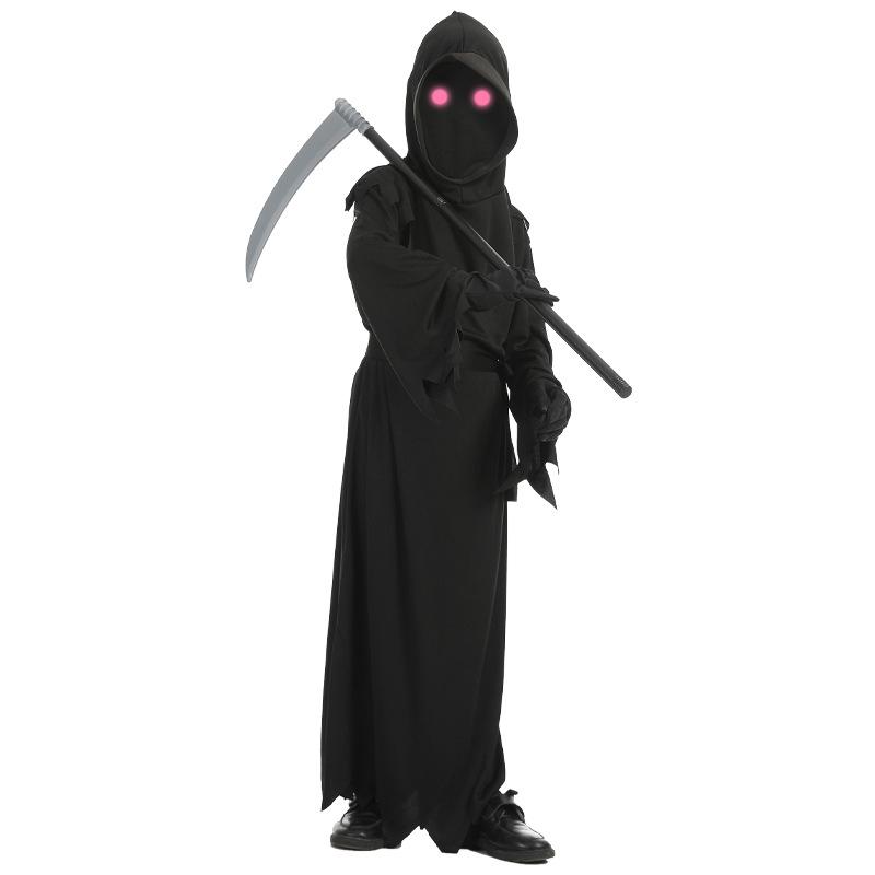 Costume da Mietitore Occhio Rosso Horror per Bambini di Halloween Falce Diavolo Messaggero Oscuro Fantasma Set Cosplay