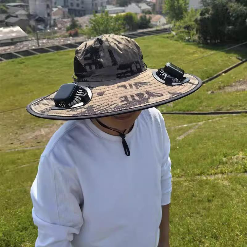 Solar-powered Fan Large Brim Hat for Men, Outdoor Sun Protection Hat, Summer Sun Hat, Hiking Fisherman Hat