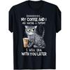 Funny Coffee & Cat Lovers T-Shirt Suitable for Men & Women - "Shhh... Me and Coffee Are Having A" Slogan with Tabby Cat & Coffee Cup Print, Black