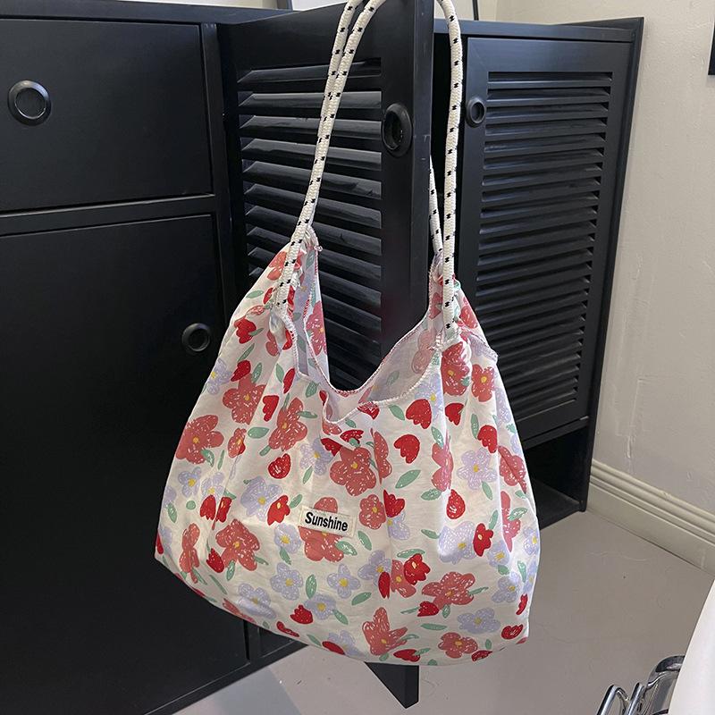 

2024 Hanfeng summer large-capacity hand carry shoulder bag drawstring shopping bag fresh floral tote bag underarm bag