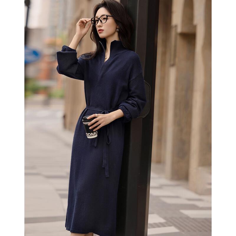 Women's Half-Zip Turtleneck Knit Dress with Belt