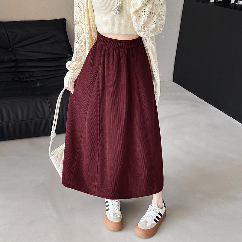 Women's High-Waisted Knit A-Line Midi Skirt, Spring/Autumn, Petite Pumpkin Umbrella Style