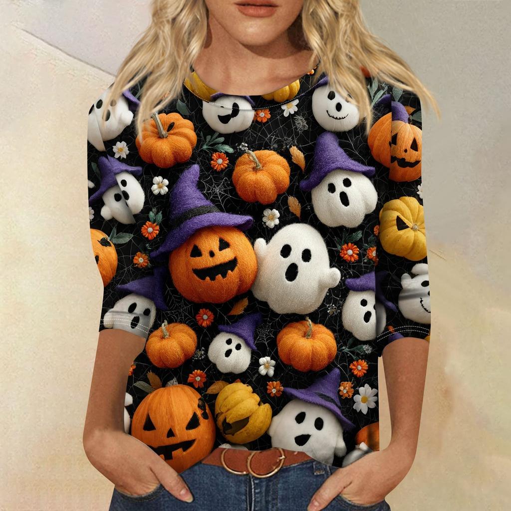 Women's Fashion Casual Three-quarter Sleeve Halloween Printed Round Neck Top