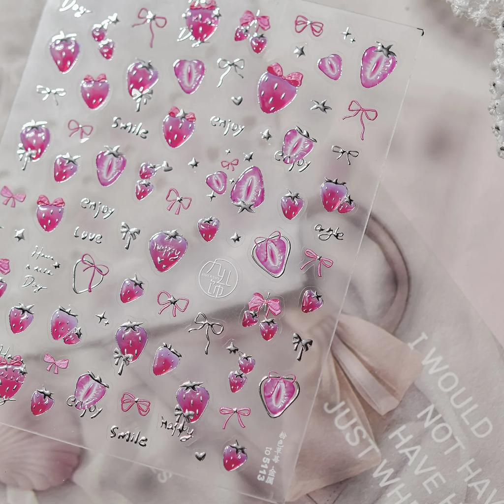 Fruit 5D Nail Art Sticker Apple Strawberry Cherry Love Hearts Bowknot Stars Cartoon Butterfly Manicure Decal DIY