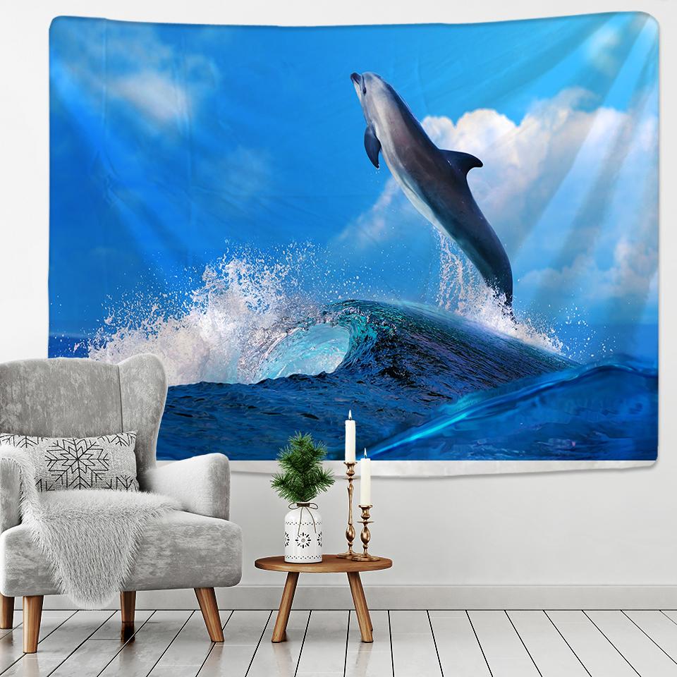 Dolphin Jump Tapestry Wall Hanging Blue Wave Sailboat Bohemia Sofa Carpet Desk Mat Bedroom Living Room Art Decor