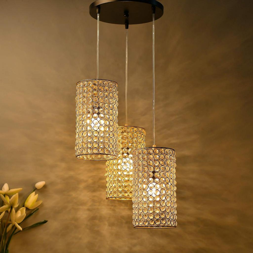 Metal Crystal Pendant Light Fixture, 3 Light Gold Hanging Ceiling Lamp