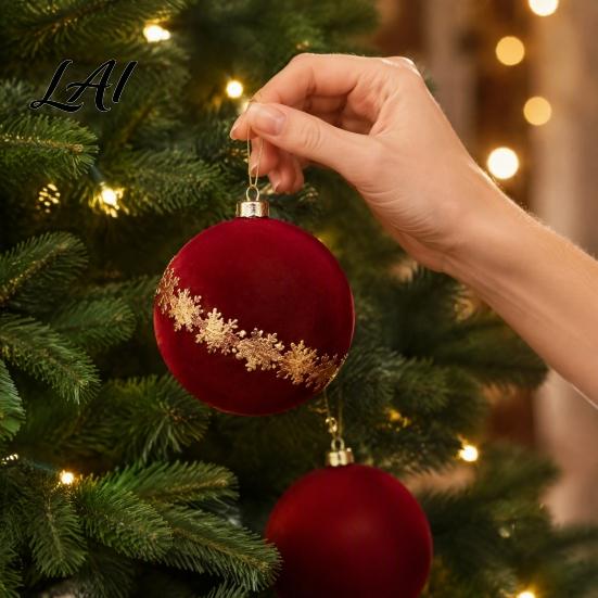Christmas Party Background Decor 9Pcs Flocked Ball Ornaments Burgundy Velvet Balls with Gold Retro Supplies Embroidery Hanging Tree for Holiday Home