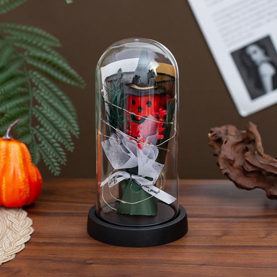 LED Clear Dome Pumpkin Night Light Halloween Light-up Pumpkin In Cloche with Artificial Flower for Home Kitchen Mantel Party Decor