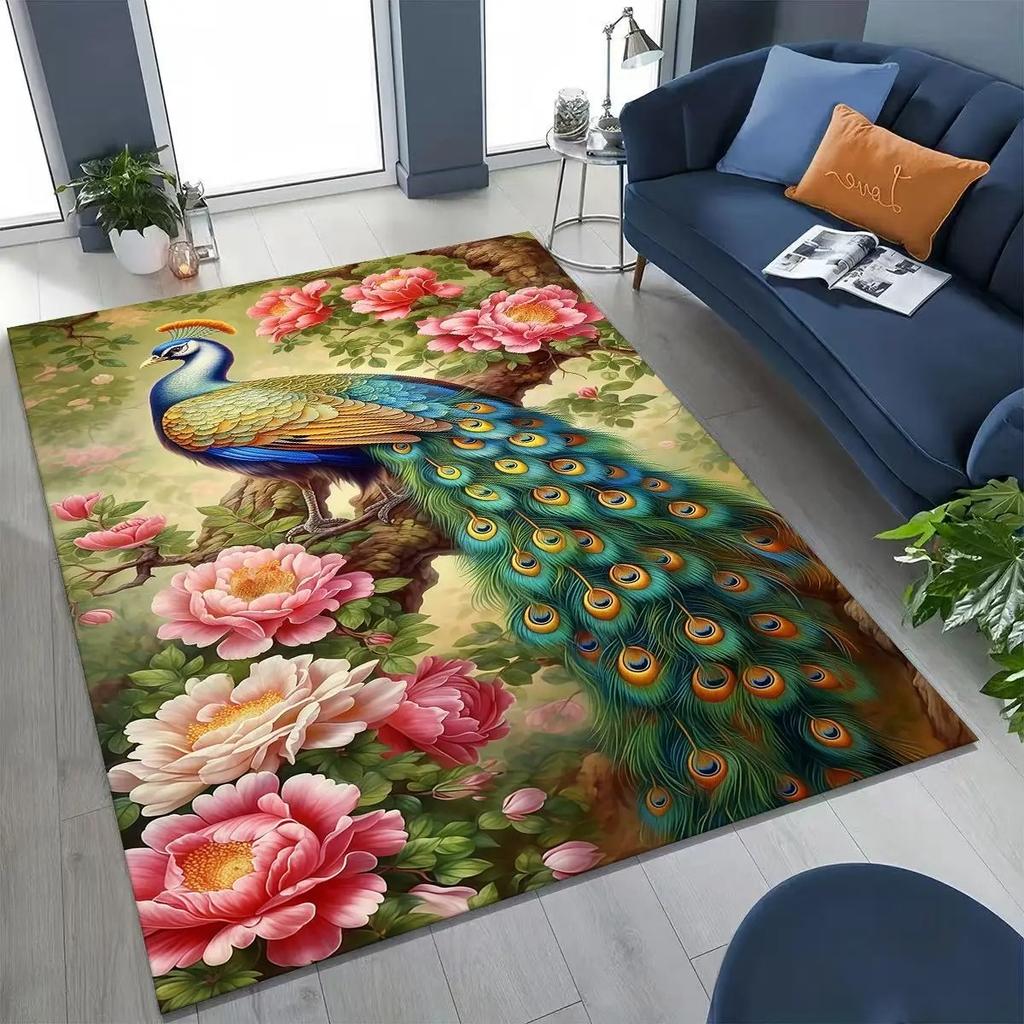 3D Bunter Pfau Romantische Vögel Teppich für Schlafzimmer Wohnzimmer Sofa Heim Fußmatte Dekor, Größere Kinder Spiel Anti-Rutsch Bodenmatte