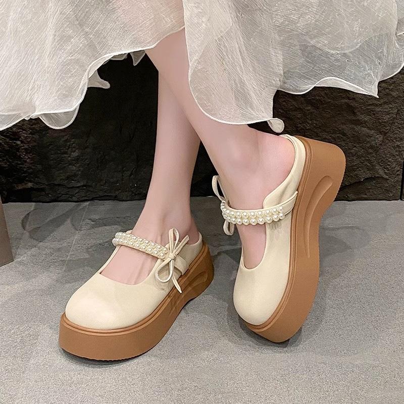 New Pearl Thick Bottom Heightening Muffin Non-slip Slippers Female Mary Jane Bow Spring Cute 2025 Bag Head Drag