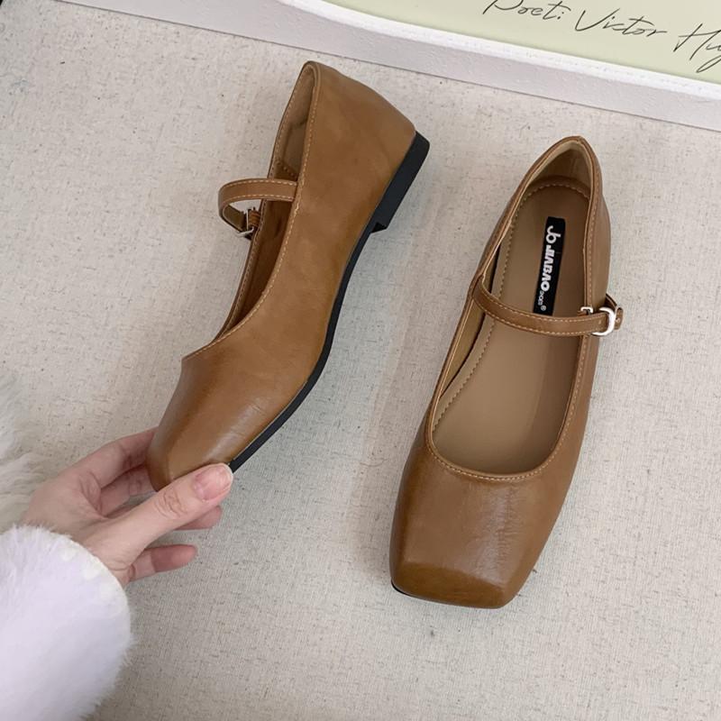 

Fashion IPPEUM Mary Janes Shoes Women Ballet Flats 2025 New Buckle Square Toe PU Leather Brown Ballerina Shoes 245 темные хаки