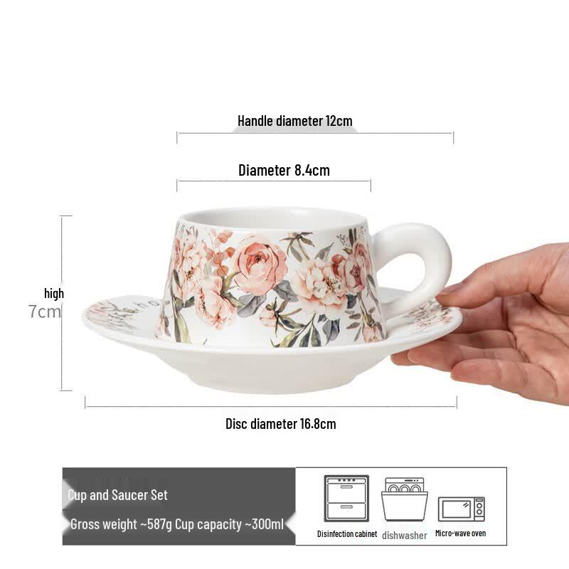 Shangqi Retro Peony Ceramic Coffee Cup & Saucer Set